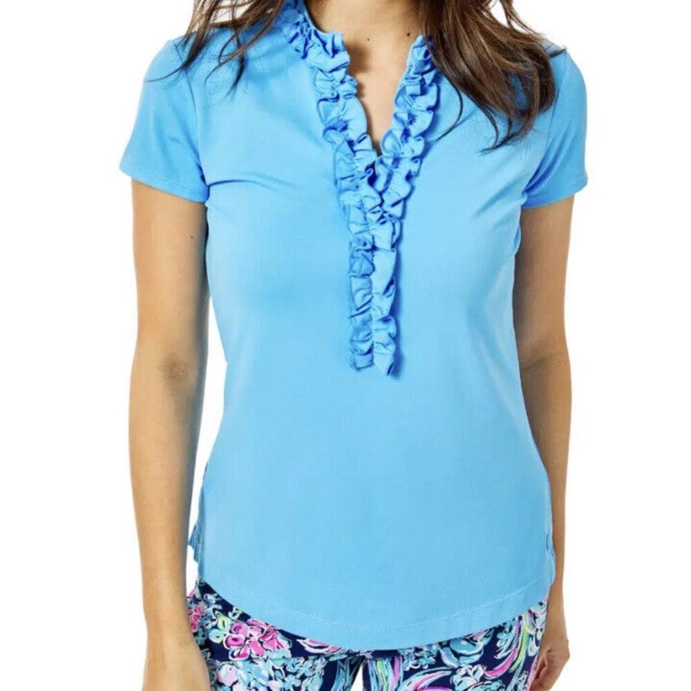 Lilly Pulitzer XXS Blue Luxletic Frida Ruffle UPF 50+ Golf Top Preppy Normcore